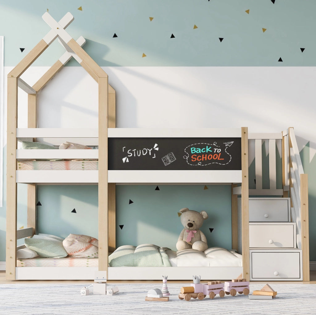 Letto a soppalco per bambini 90x200 cm con lavagna; scala contenitore in legno e bianco