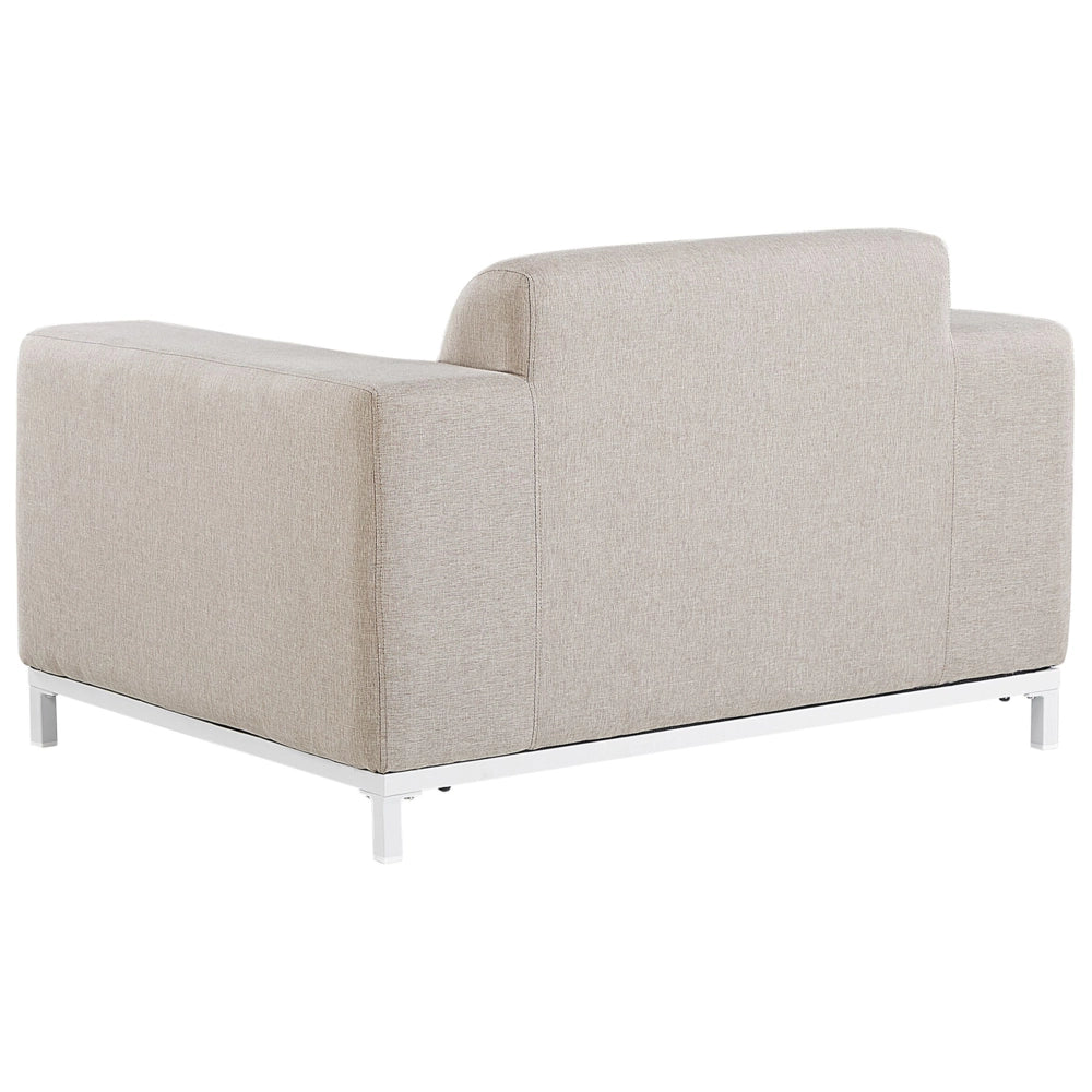 Set di 2 poltrone da giardino tessuto beige gambe alluminio bianco tappezzeria interni ed esterni mobili resistenti agli agenti atmosferici