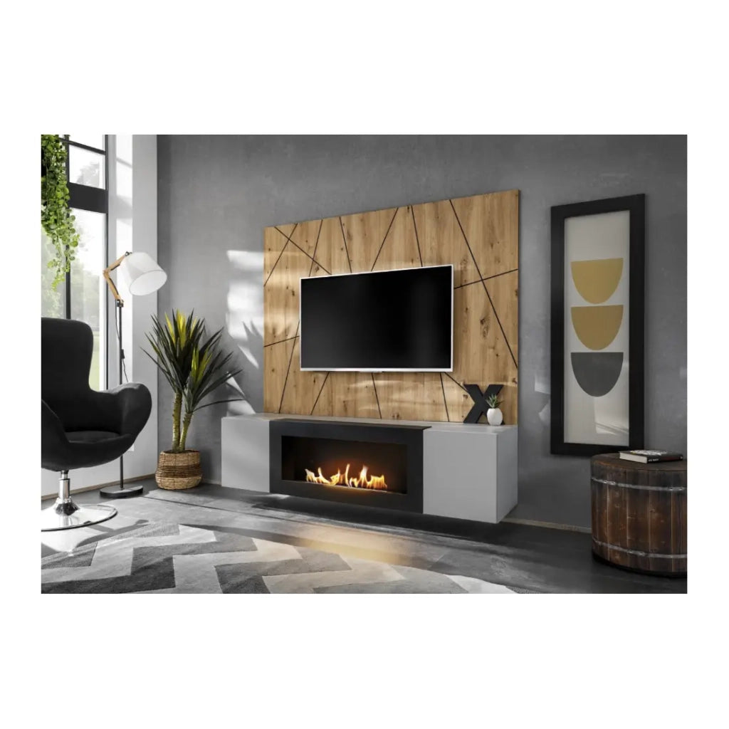 Composizione murale IXAR geometrica – Mobile TV + pannelli murali decorativi + camino bio-etanolo