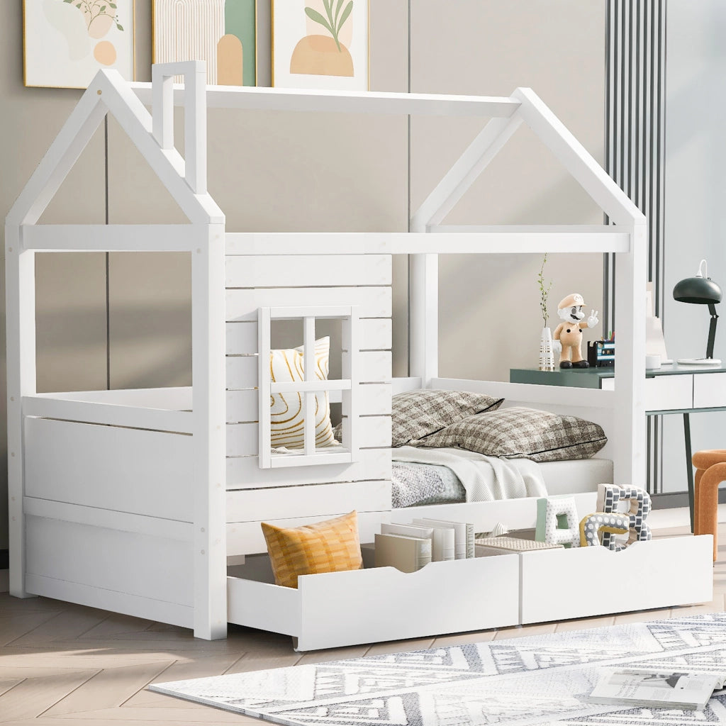 OKWISH Letto a Casetta 80×160 cm, Letto Singolo con Spondine, Finestra e 2 Cassetti, senza Materasso, in Pino, Bianco