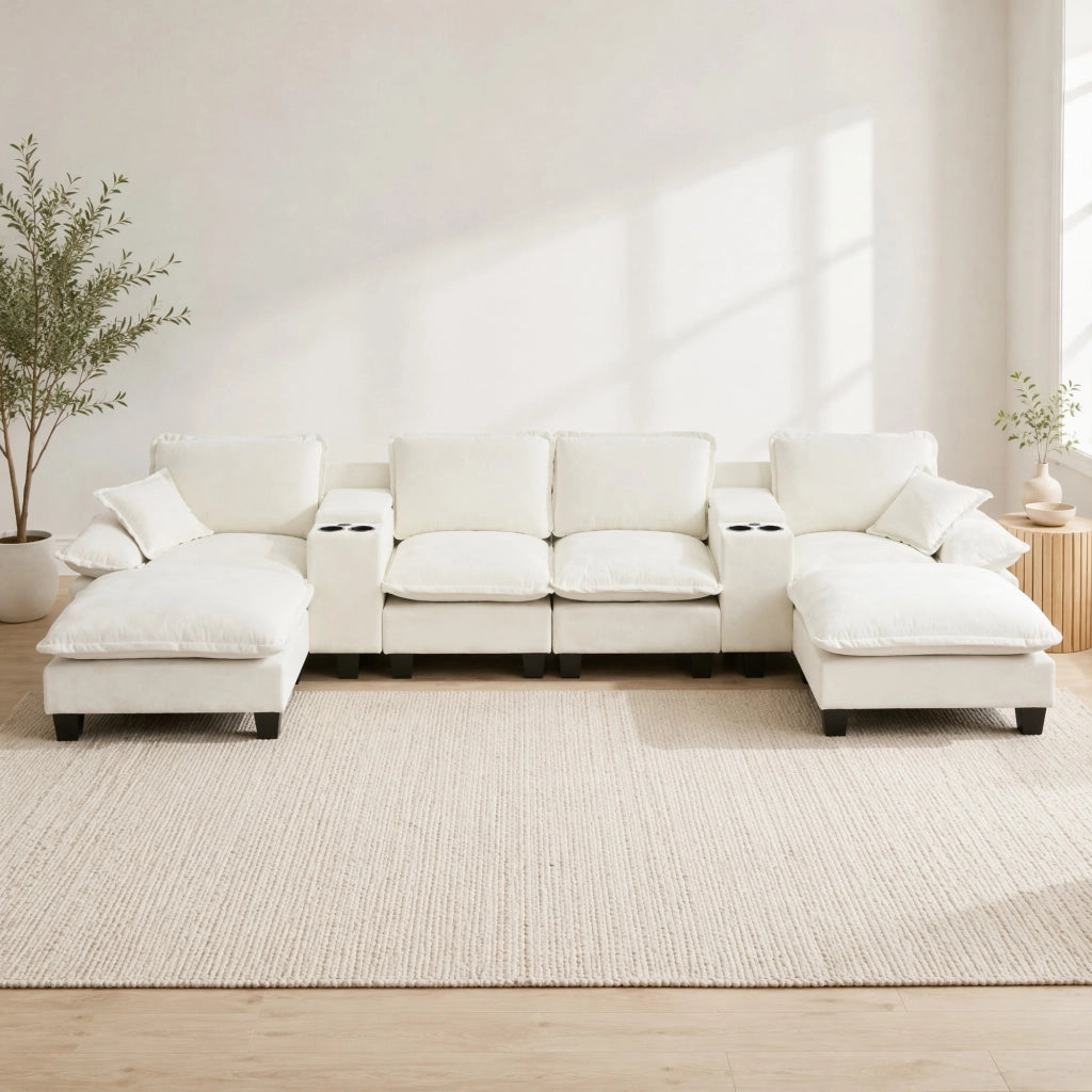 Divano modulare a U - con contenitore; portabicchieri e USB - in chenille - beige