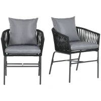 Sedie da Esterno, Set da 2, Design Boho, Cuscini per Seduta e Schienale, Seduta Comoda, Telaio in Metallo, Nero