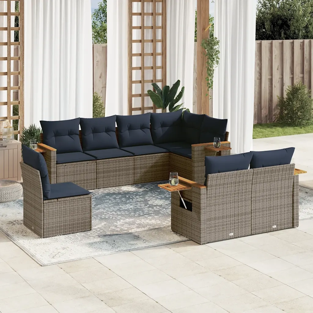 Set Divani da Giardino 8 pz con Cuscini Grigio in Polyrattan 3227006