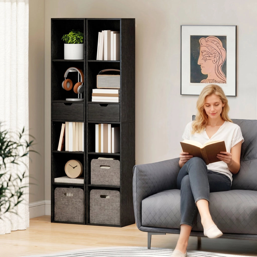 Libreria 30x24x158 cm a 4 Ripiani Aperti con Armadietto e Cassetto Nero