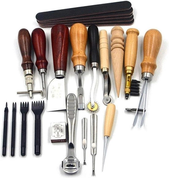 Kit di attrezzi per lavorazione della pelle - Kit di lavorazione della pelle perfetto per cucito, foratura, taglio - Lavorazione della pelle con punzone di pelle, affilatura e lucidatura della pelle con abrasivo a forma di prugna