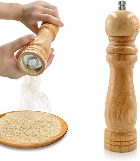 Molinello in legno per sale e pepe regolabile con 8 pollici di diametro e contenitori per sale in polvere.