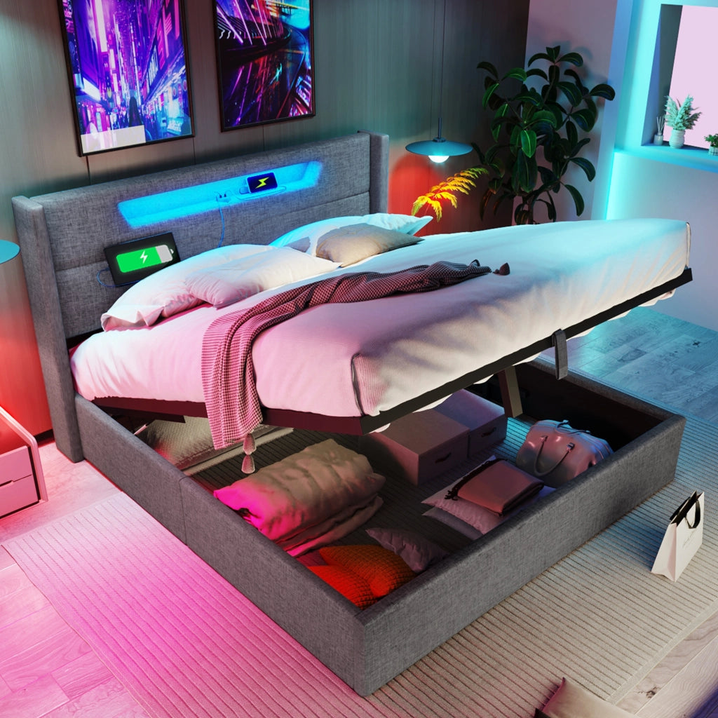 LETTO imbottito 140x200 cm in lino grigio con LED e USB, materasso incluso