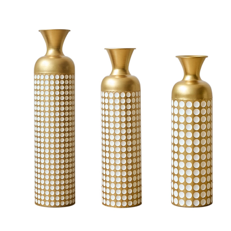 Vasi da pavimento in metallo set da 3 con punti bianchi finitura oro bronzo antico