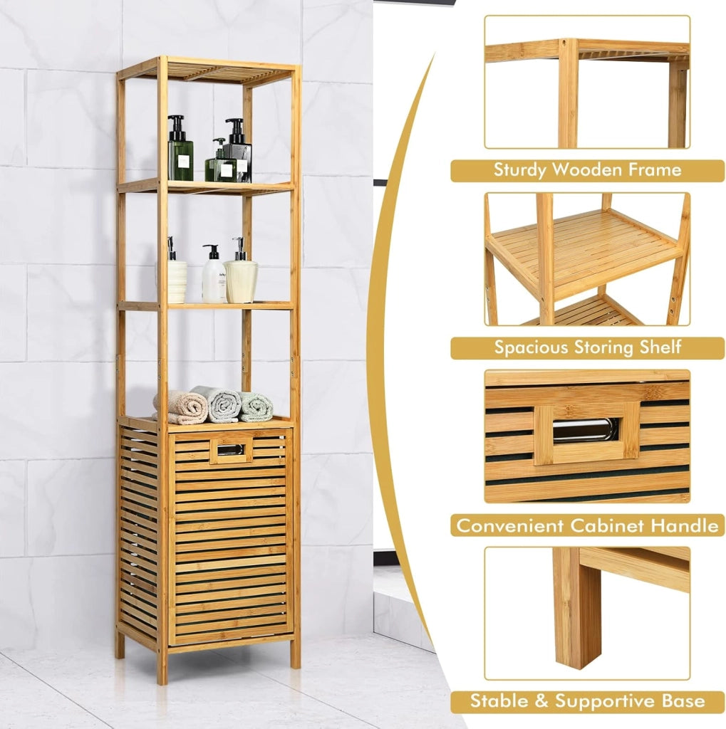 Scaffale Bagno in Bambù, Mobile da Bagno con Cesto Portabiancheria, Scaffalatura da Bagno, 3 Ripiani, Marrone, 40x33x160 cm