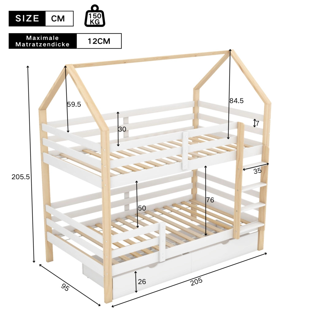 Letto a casetta per bambini matrimoniale 90x200 cm in legno massello bianco e rovere con cassetti