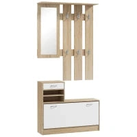 Mobile Appendiabiti 3 in 1 con Scarpiera e Specchio, Ganci e Cassetti, in Legno, 90x24x177 cm, Bianco e Quercia
