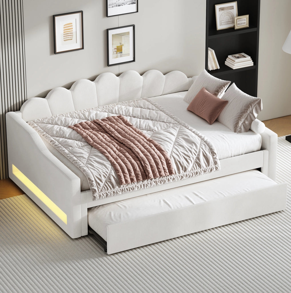 Letto da giorno 140x200 cm con letto estraibile e LED; beige