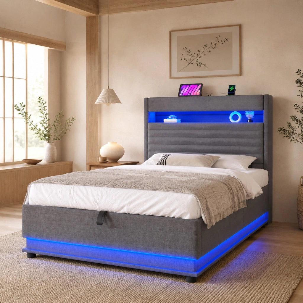 Letto imbottito 90x200 cm con contenitore idraulico, LED, porta USB e USB-C, tessuto lino, grigio, senza materasso