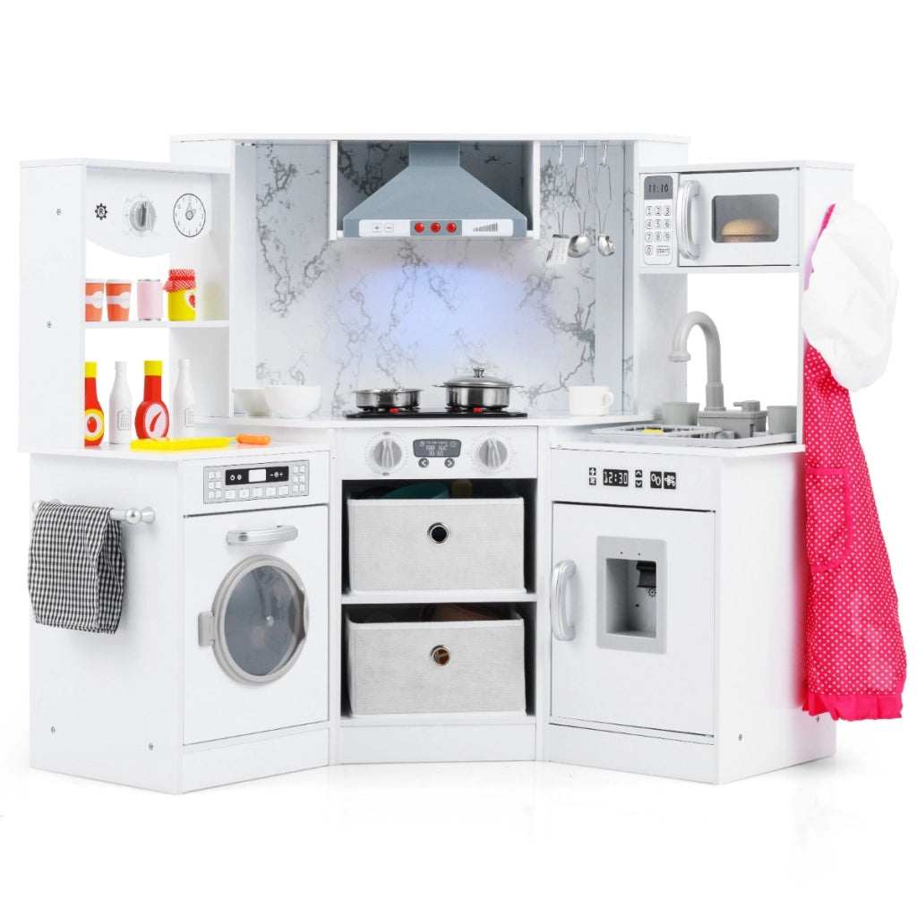 Cucina giocattolo per bambini in legno con luci e suoni realistici, Angolo cucina con cappa aspirante illuminata Bianco-Cucine giocattoli