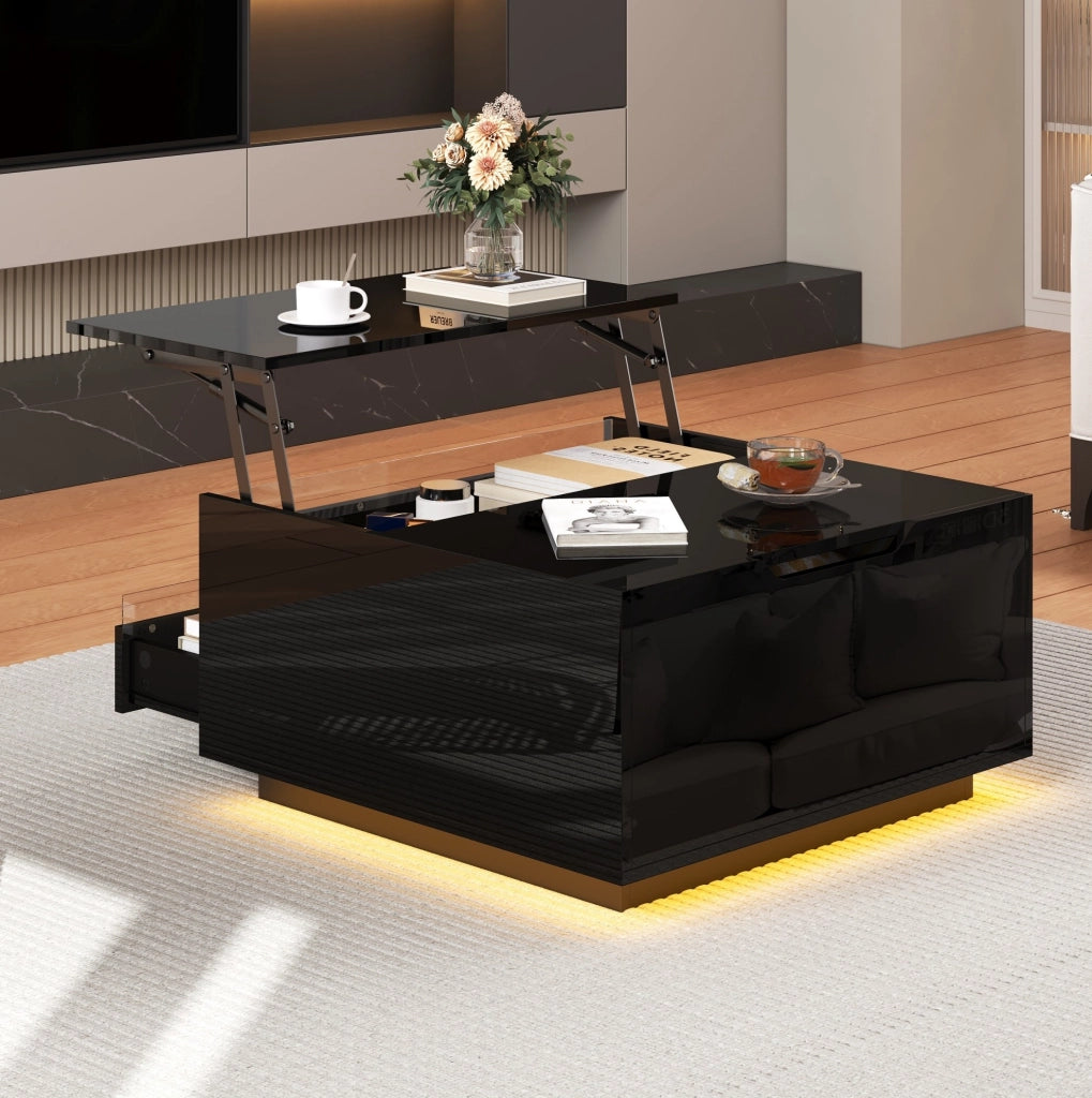 Tavolino da salotto quadrato 70 x 70 x 38 cm con piano ribaltabile; LED; nero lucido