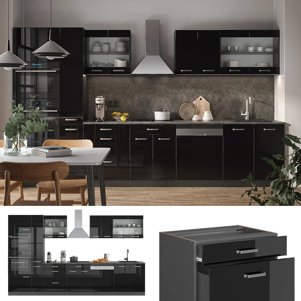 Vicco Mobile da cucina Nero lucido/antracite 350 cm con armadio alto, PL Rovere