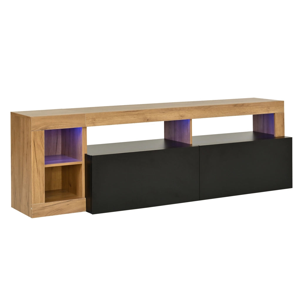 Mobile TV moderno in truciolato con illuminazione LED, colore nero e finitura effetto legno, 184 x 42 x 58 cm, per TV fino a 80 pollici