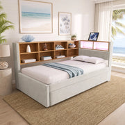 Divano letto multifunzionale 90x200 cm con letto estraibile 90x190 cm, LED, prese di ricarica e vani contenitore, grigio chiaro