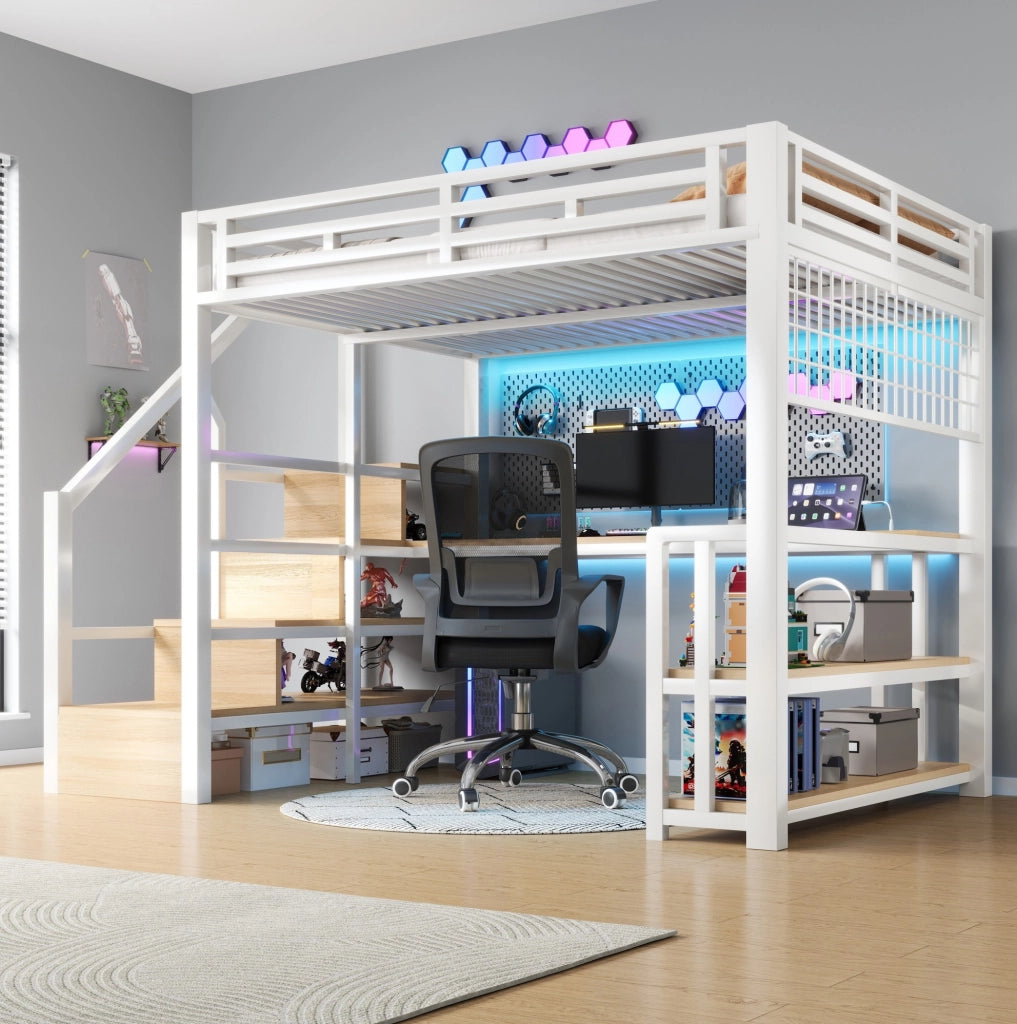 Letto a soppalco 140x200 cm con scrivania, ripiani, LED e prese USB