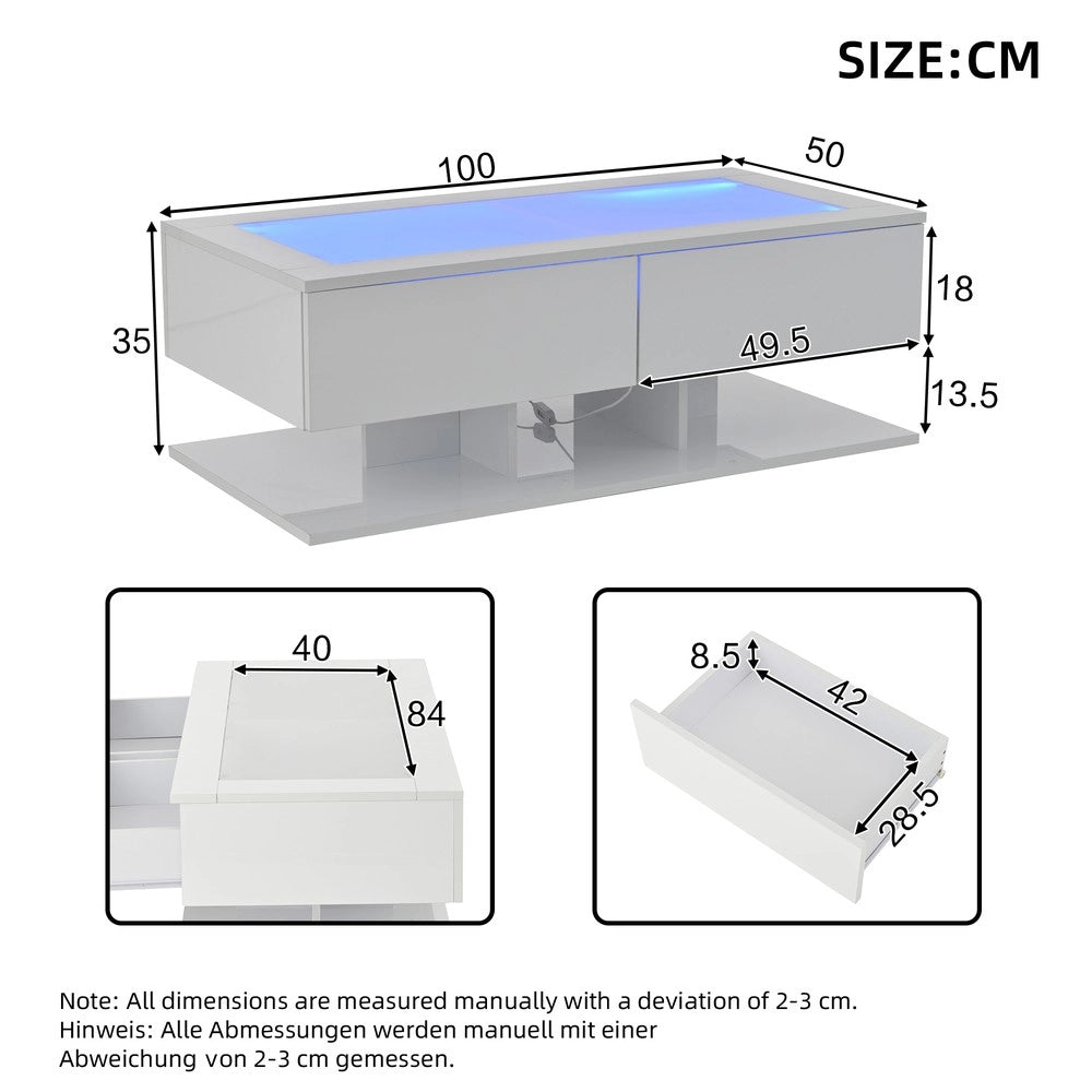 Tavolino da Caff¨¨ con LED e Cassetti ¨C MINIMAL ¨C Piano in Vetro, Bianco Lucido, 100x50x35