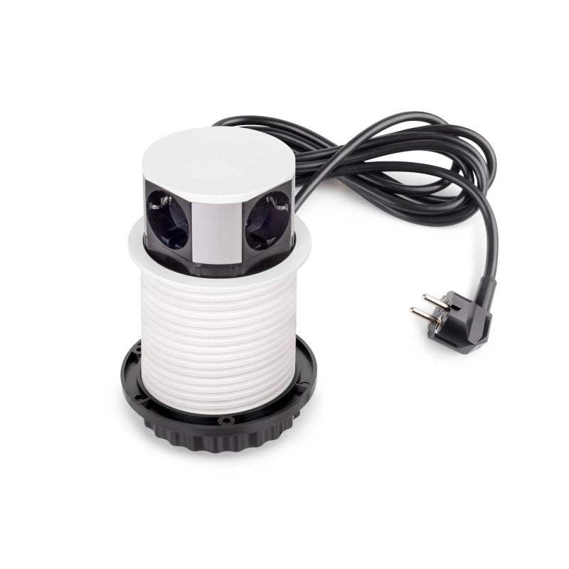 Multiconnettore Vertikal Push diametro 100mm, 3 spine di tipo Schuko, 1 USB tipo A, 1 USB tipo C, Acciaio e Tecnoplast..