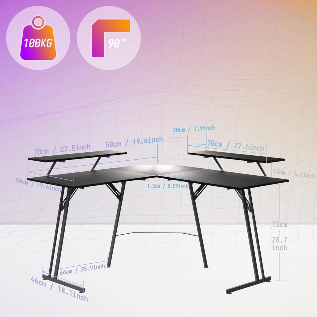 Tavolo da gioco ad angolo, 120 x 120 cm, scrivania a forma di L, con supporto per monitor, scrivania per computer, ufficio, ufficio, casa, nero