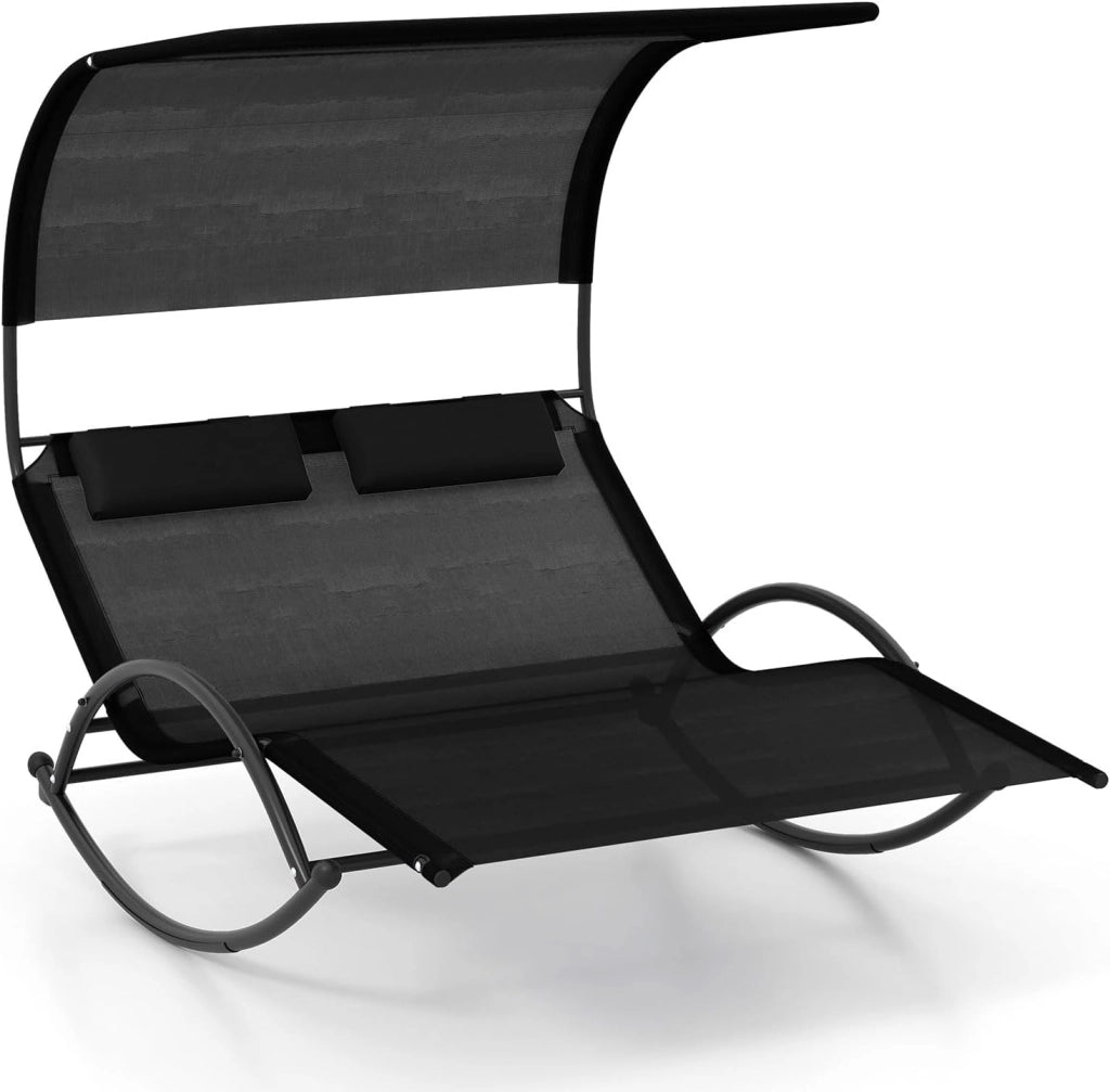 Sedia a Dondolo Doppia, Poltrona a Dondolo con baldacchino, Cuscini poggiatesta, Telaio in Metallo, braccioli, Sedia a Dondolo all'aperto per Patio, Giardino, Bordo Piscina