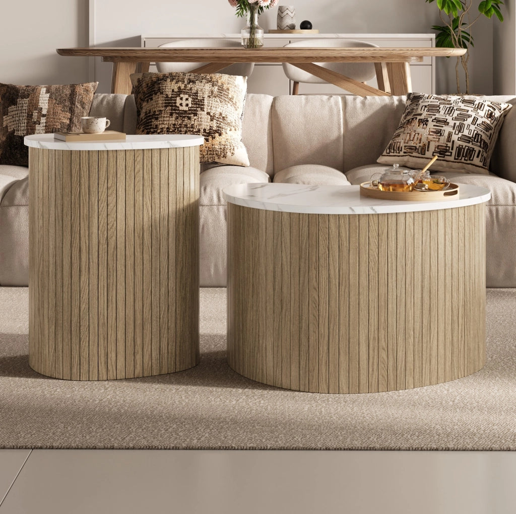 Set di 2 tavolini da caffè curvi in MDF naturale e bianco
