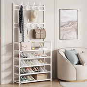 Trade Shop - Scarpiera Cappelliera Da Terra Casa Appendiabiti 3 In 1 Panca Scarpe Con 8 Ganci - Bianco