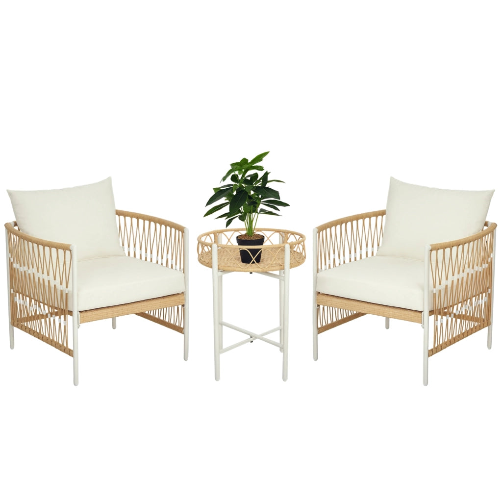 Set da Giardino Stile Boho in Rattan con 2 Sedie con Cuscini e Tavolino Rotondo. Giallo