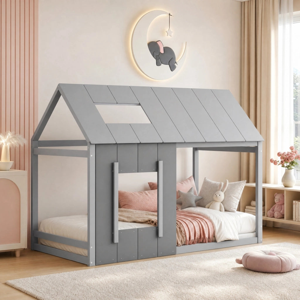 LETTO per bambini 90x200 cm in legno di pino e MDF grigio, casa con tetto e finestra
