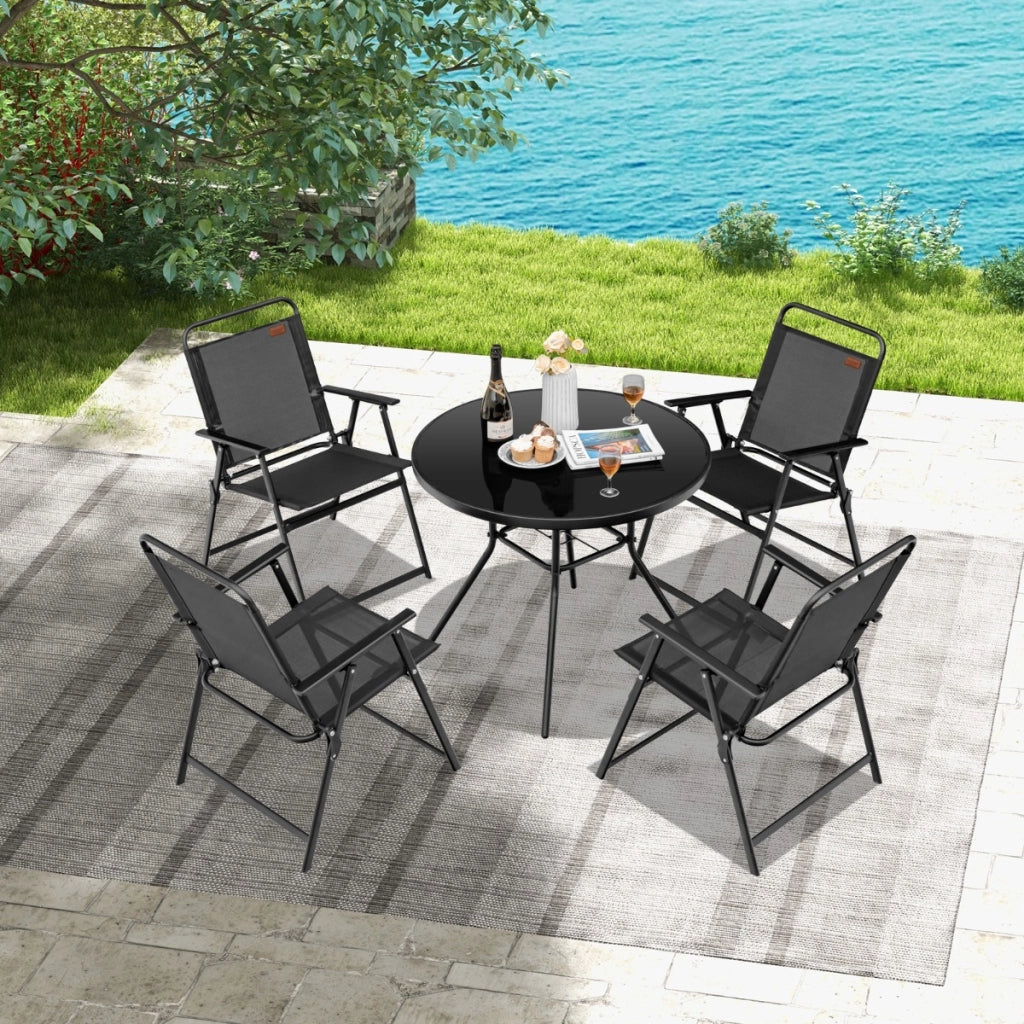 Sedie pieghevoli da esterno 4 pezzi, Sedie da giardino con seduta traspirante e braccioli accoglienti Nero-Poltrone e sdraio