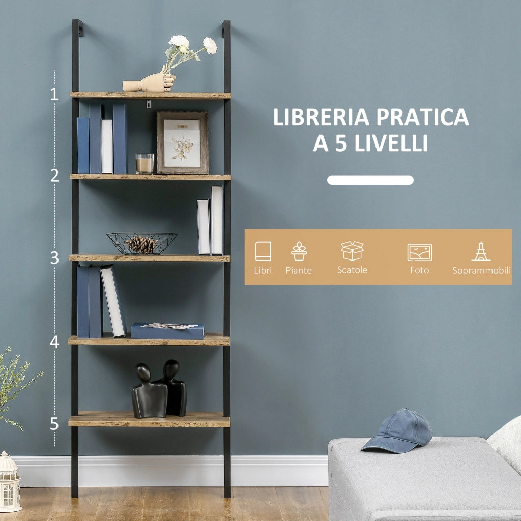EasyComfort Libreria Moderna a Scala con 5 Ripiani e Dispositivo Antiribaltamento, Design a Muro, in Legno e Metallo, 60x30x184.5 cm, Marrone