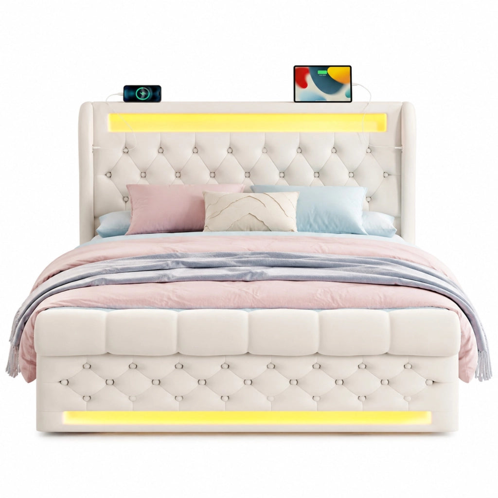 Letto matrimoniale imbottito 160x200 cm in velluto beige con LED; contenitore e USB Type-C