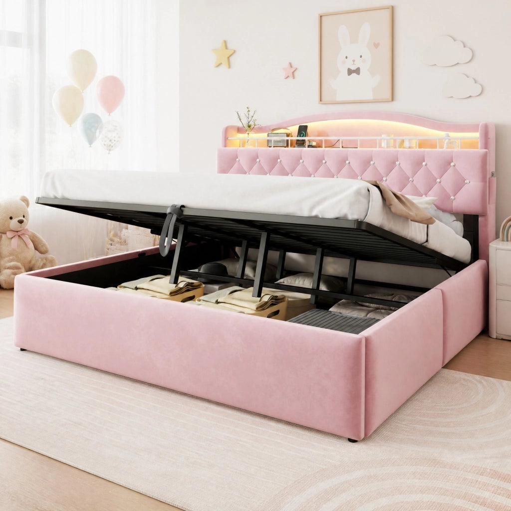 LETTO Contenitore 180x200 cm in Velluto Rosa con LED USB e USB-C