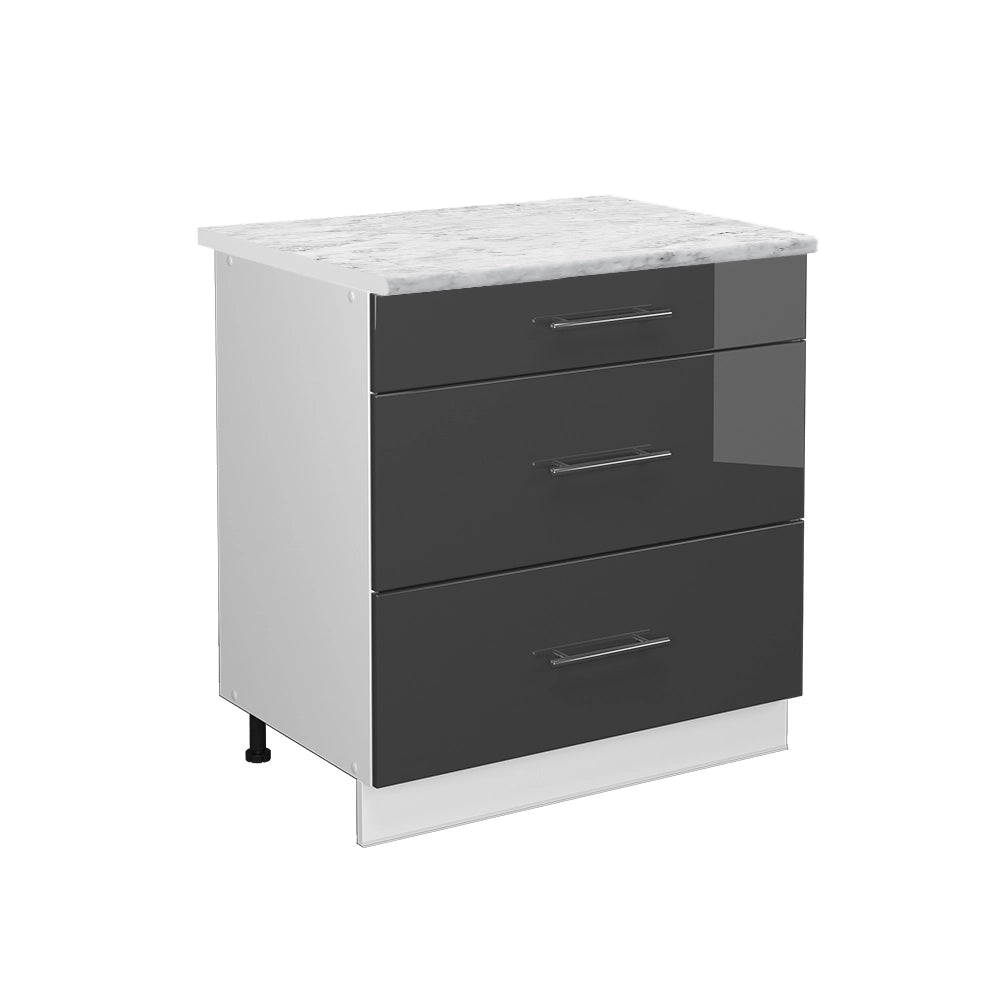 Mobiletto base per cucina Fame-Line Antracite lucido/Bianco 80 cm con 3 cassetti, PL Marmo Vicco