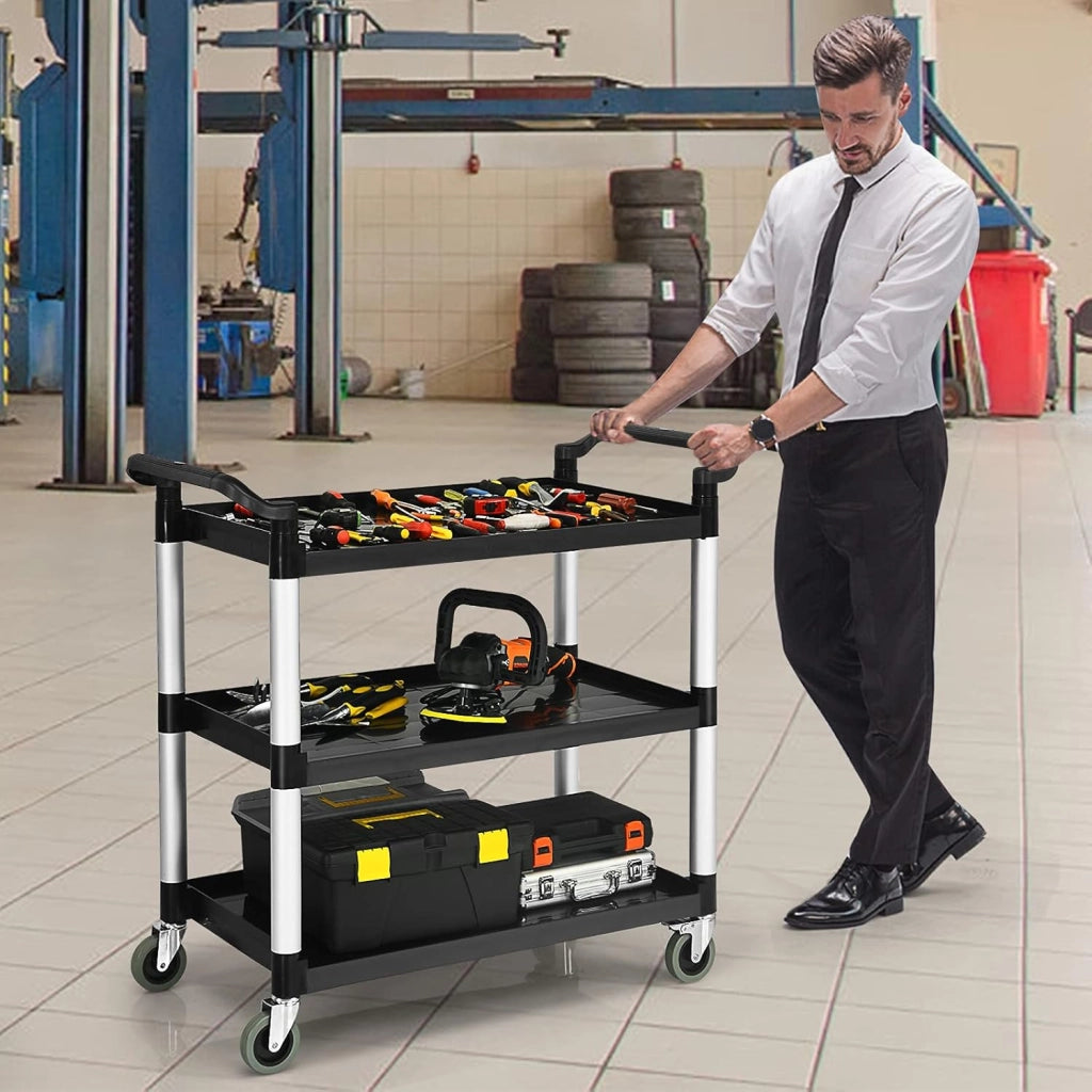 Carrello di Servizio a 3 Ripiani, Carrello Multiuso con Maniglie Ampio Spazio e Ruote Flessibili con Freni, Adatto a Ufficio Ristorante Casa Officina, 103x49x98 cm