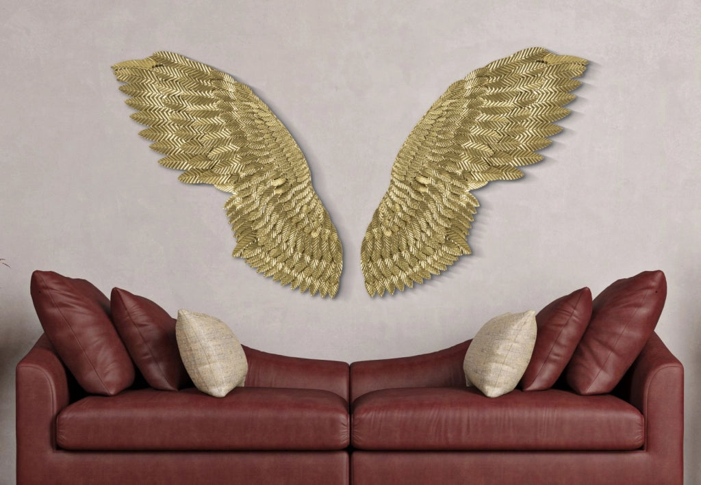 Coppia di Pannelli Decorativi Ali in Metallo Dorato 60x8x146 cm