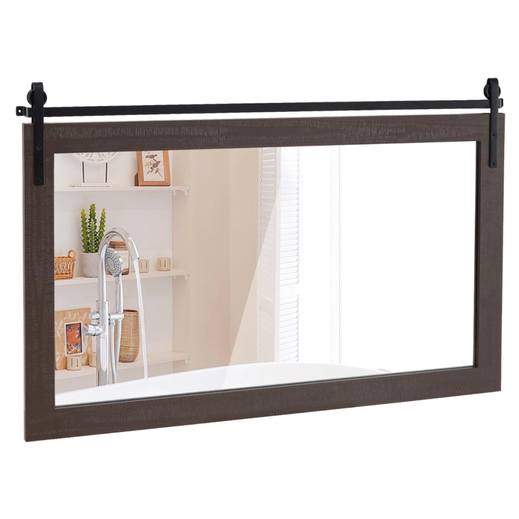 Specchio da parete con cornice in legno massiccio e staffa in metallo, Decorazione da parete in stile rustico Noce-Specchi da parete
