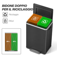 Pattumiera a 2 Sezioni da 20L 40x34,8x59 cm con Coperchio Silenzioso in Acciaio Inox e PP Nero