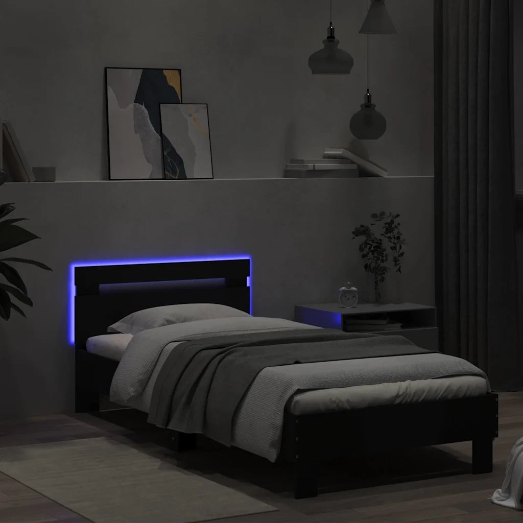 Letto singolo | Letto per adulti | Giroletto con Testiera e LED Nero 75x190 cm