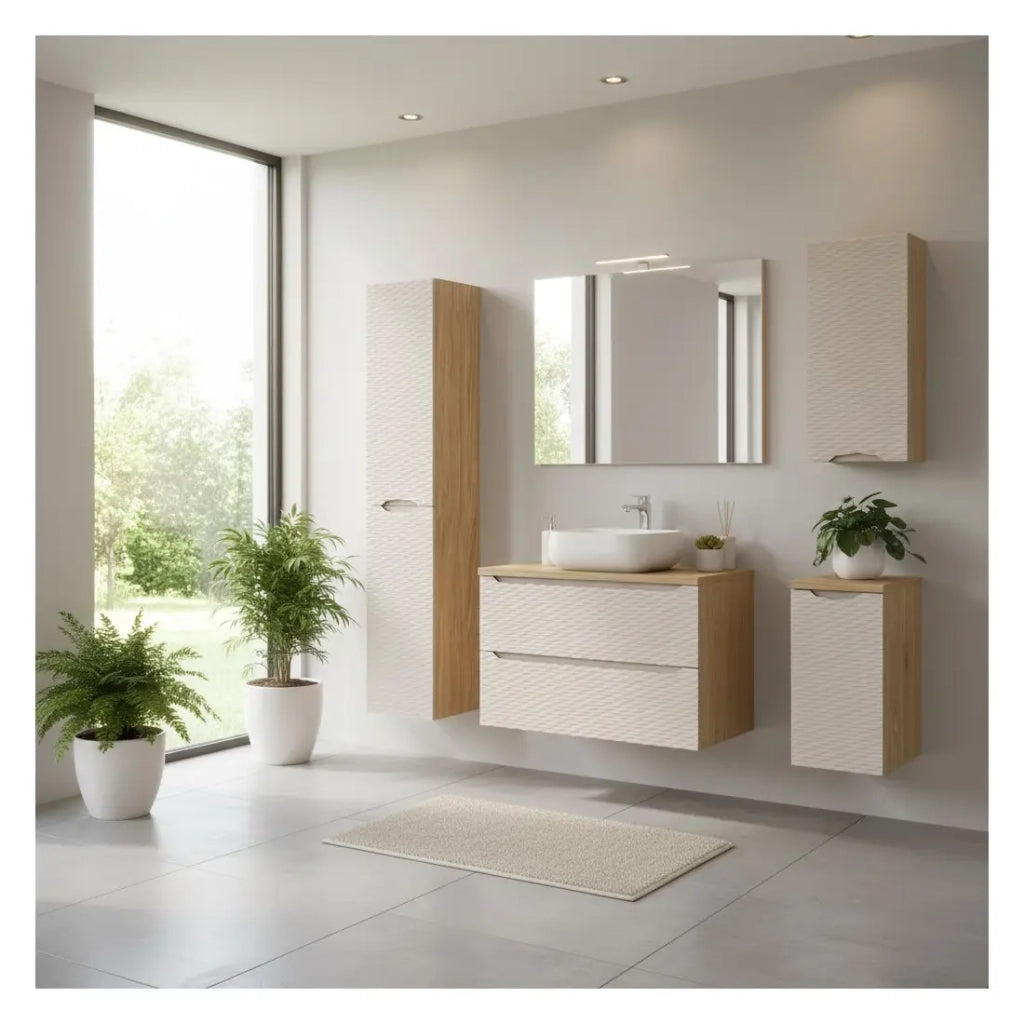 Bagno YOKA beige: mobile sotto lavabo + piano per lavabo + lavabo + colonna di stoccaggio + 2 mobili di stoccaggio