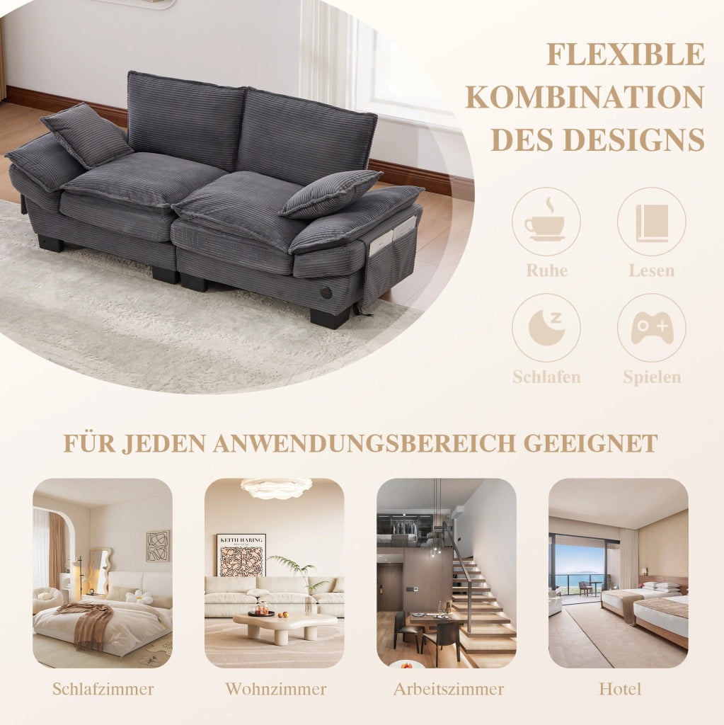 Divano 2 posti in tessuto corduroy grigio scuro; 190x73x84 cm; con porta USB-C e tasche laterali