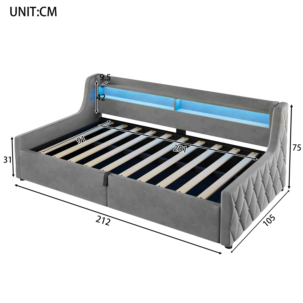 Letto Singolo 90x200 cm con Contenitore; LED; in Flanella; Grigio