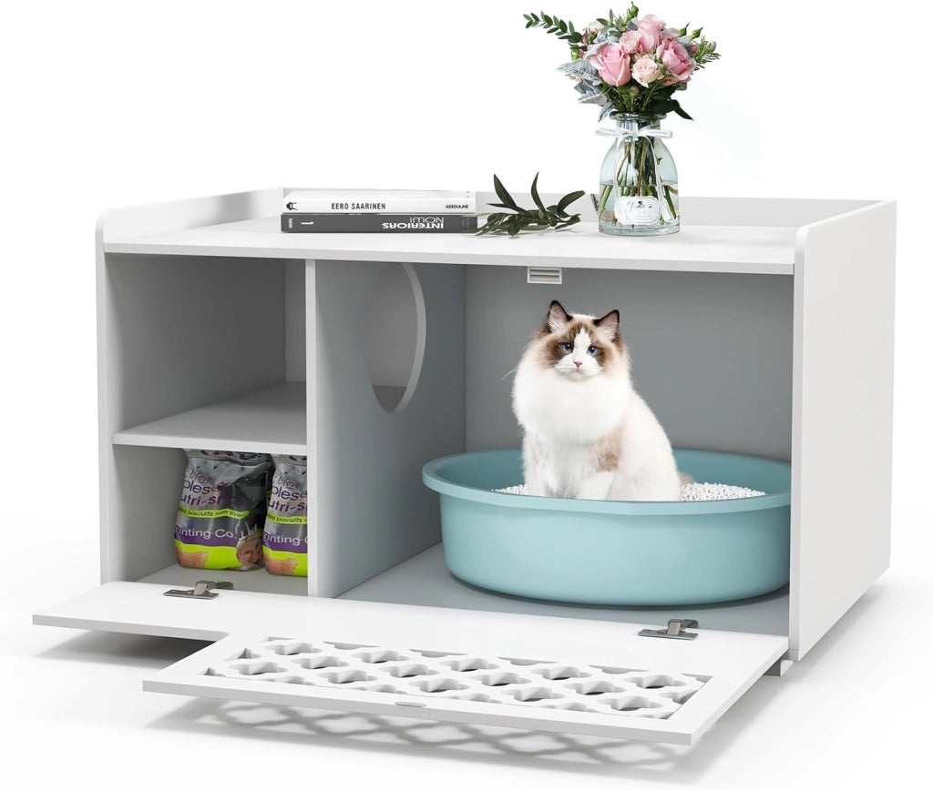 Mobile per Lettiera per Gatti, Panca per Lettiera per Gatti, Mobile Contenitore con Cuscino Rimovibile per Gatti da Interno, Bianco, 90 x 48,5 x 52 cm