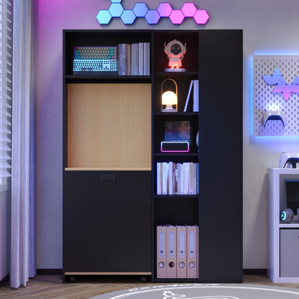 Scrivania pieghevole 2 in 1 con libreria, presa EU e USB, anti ribaltamento per home office 104,5 × 30,5 × 160 cm