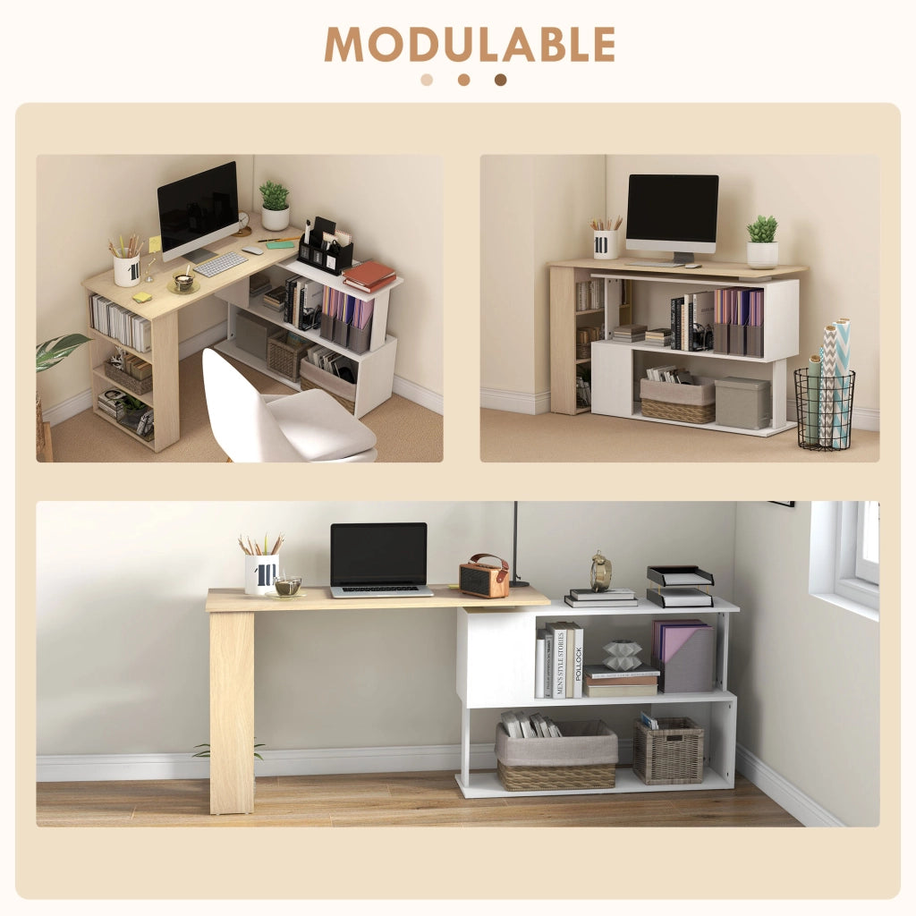 Scrivania angolare con libreria e scaffali ¨C zephmum ¨C bianco e legno naturale