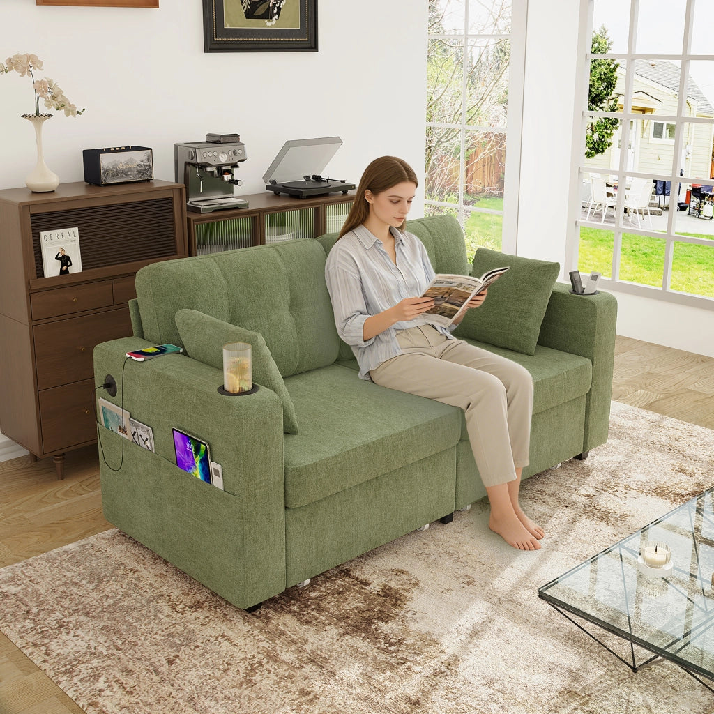 Canapé a due posti con cassetti portaoggetti, porte USB e portabicchieri in chenille oliva 172 × 75 × 82 cm