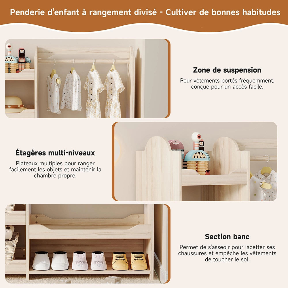 Armadio guardaroba bambino 110x39x110 cm - Xylo - in legno naturale, con appendiabiti e 4 ripiani
