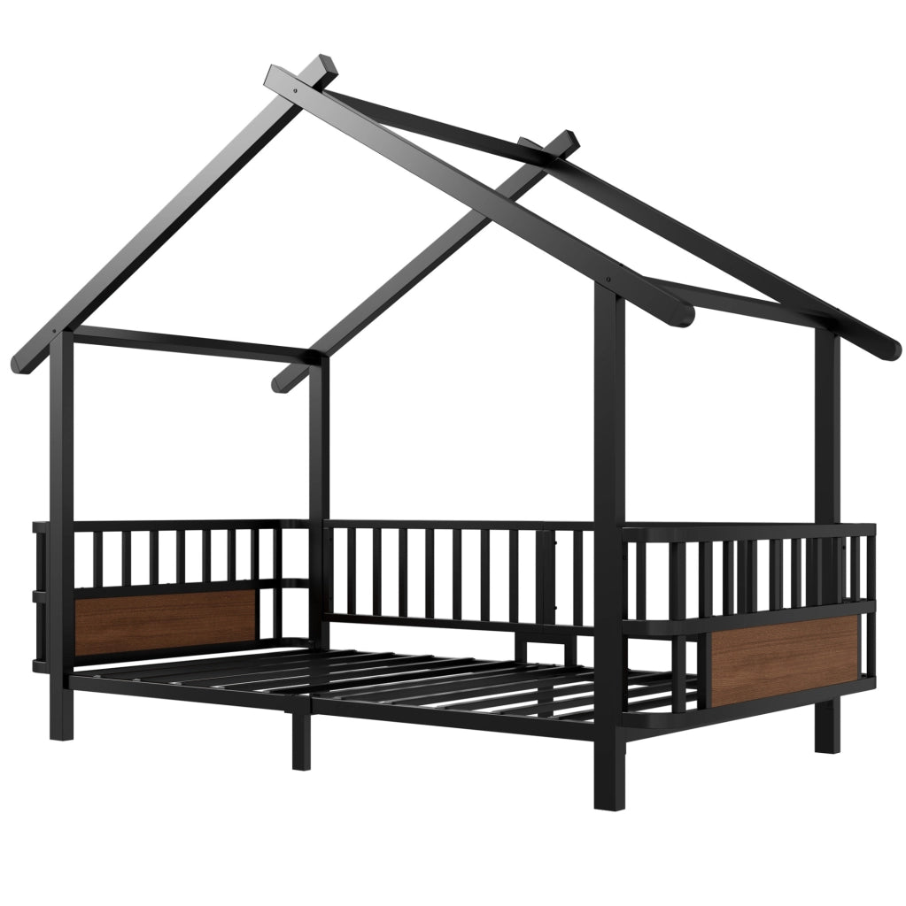 Letto per bambini in metallo a forma di casetta 90 x 200 cm con sponde di sicurezza; nero